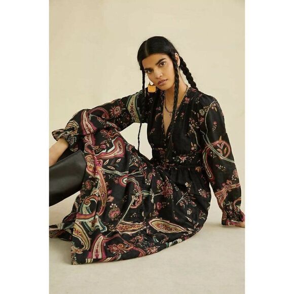 NWT ANTHROPOLOGIE Sz 10 PAISLEY MAXI DRESS In BLACK MOTIF - Picture 3 of 6